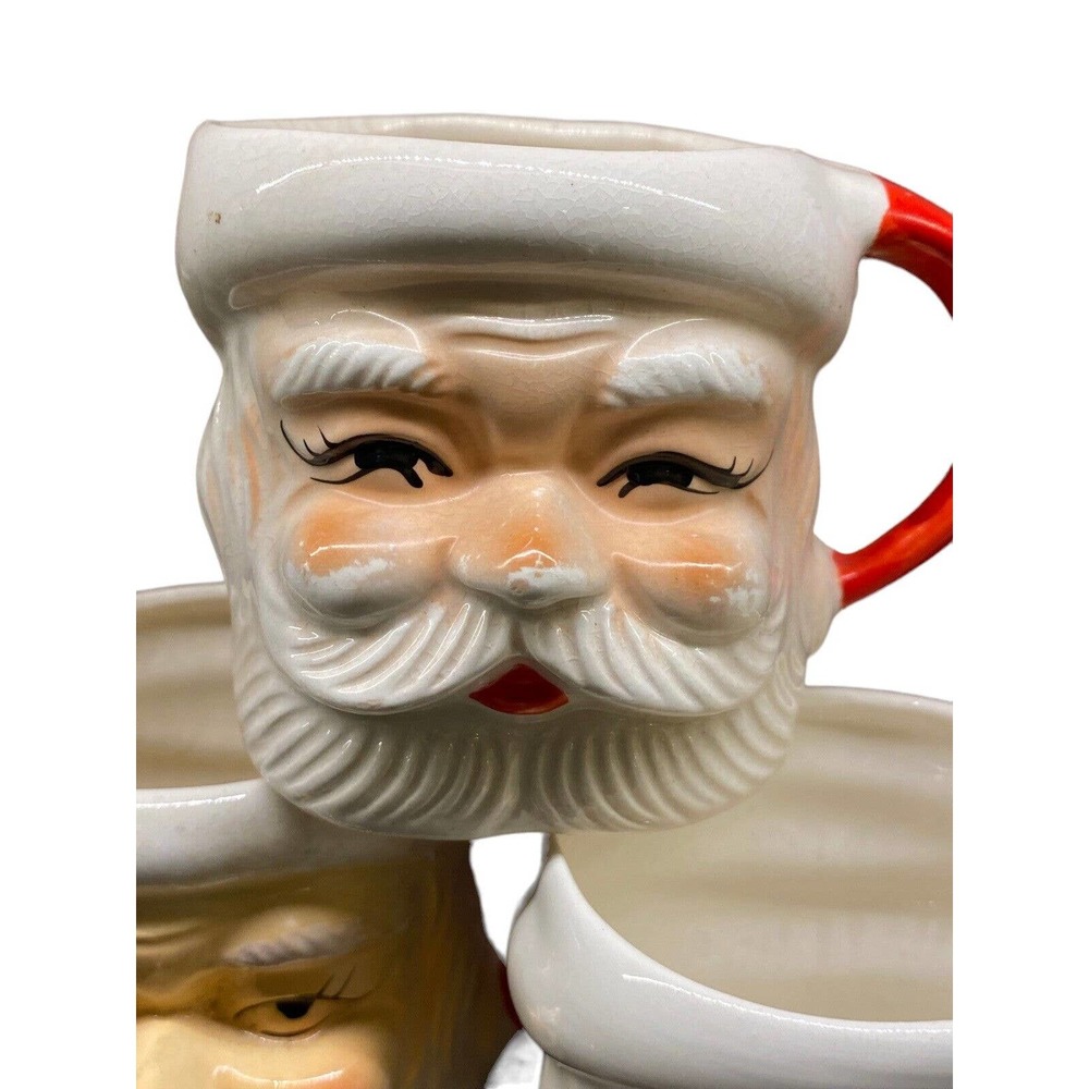 Vintage Christmas Santa Clause Face Mugs Japan Set of 3 Winking Rosy Cheeks